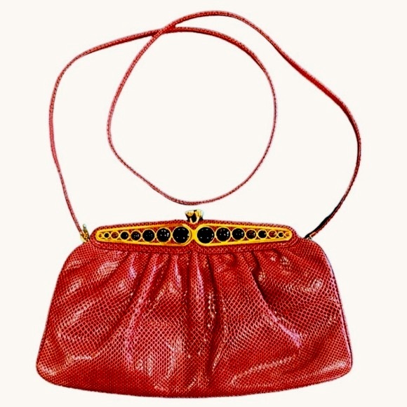 Judith Lieber Red Snake  Shoulder Bag with Black Onyx Gold Hardware Trim Vtg 80s - Picture 1 of 16